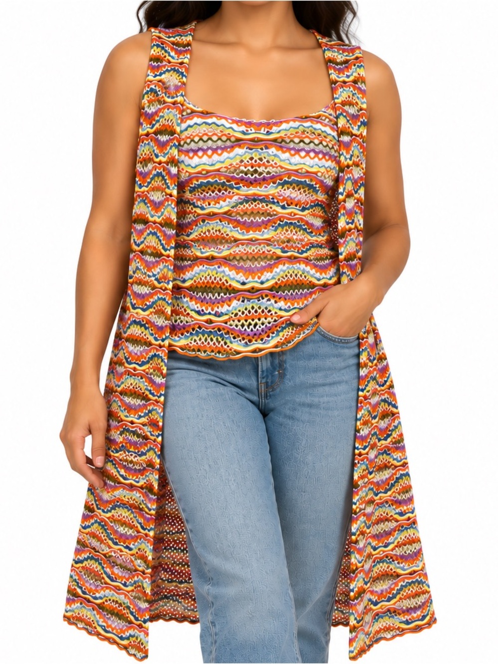 Vintage Multi-Color Crochet Set — Sleeveless Cardigan (Size L) & Top (Size S)